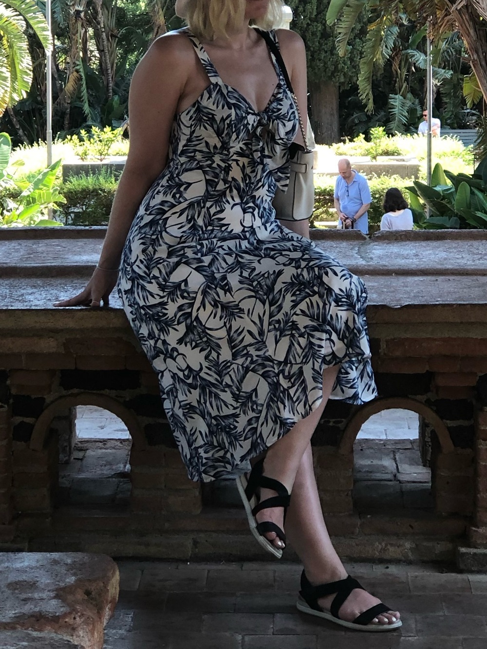 Lulu's White Midi Dress with Navy Tropical Leaf Print